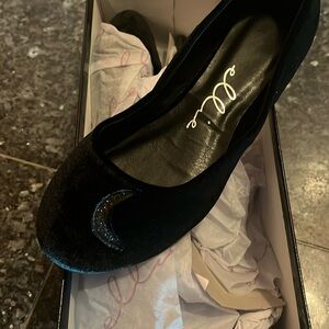 Black velvet ballet flats with moon design on front brand new size 6